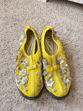 Dior Yellow Mesh Slip-On Sneakers with Silver Floral Appliqués